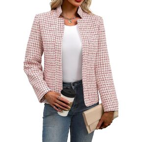 ebossy Women's Casual Slim Notched Plaid Tweed Blazer Elegant Open Front Long Sleeve Business Work Jacket Dress Coat