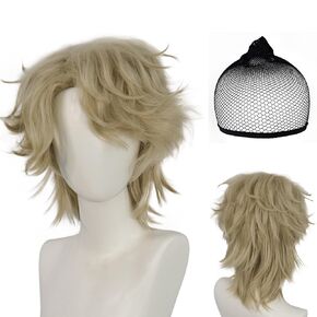 Bestbel+ Cap Cap Short Blonde Blonde for Men Wolf Tail Wig with Side Bangs Blonde Anime شعر مستعار لعيد الهالوين للرجال