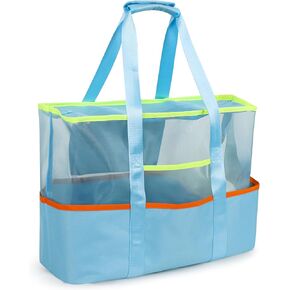 Tote Beach Bag with Zipper, Large Foldable Mesh Travel Bag for Women, Waterproof Sandproof Cruise Utility Work Vacation