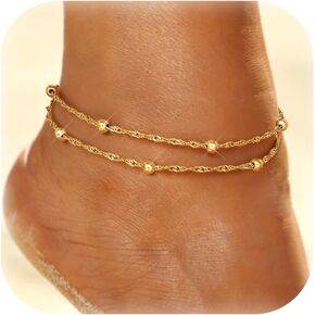 LOYALLOOK Gold Ankle Bracelets for Women, 14K Gold Plated Layered Anklets for Women Waterproof, Adjustable Beaded Herringbone Paperclip Cuban Link Anklet Set, Summer Beach Foot Jewelry for Women