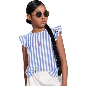 WDIRARA Girl's Striped Ruffle Trim Cap Sleeve Button Back Blouse Casual Top