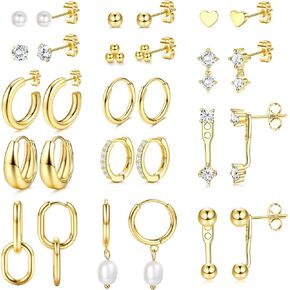 BESTEEL 14Pairs Small Gold Hoop Earrings Set for Women - 14K Gold Plated Hypoallergenic Lightweight Chunky Open Huggie Hoops Dainty Cartilage Stud Hoop Earring Stacks for Multiple Piercing