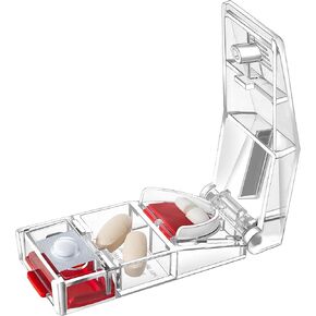MAXSPLIT Pill Splitter and Cutter with Pill Puncher - Cuts Small and Large Pills, Vitamins, or Tablets with Stainless Steel Blade - Non-Slip Press Point Pill Splitter (Red)
