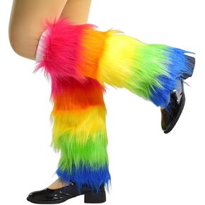 Abien Womens Rave Fur Leg Warmers Rainbow Leg Warmer Faux Fur Boot Sleeves Long Boot Covers Mardi Gras Accessories for St. Patrick's Day Rave (Colorful)