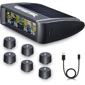 نظام مراقبة ضغط الإطارات - نظام مراقبة ضغط الإطارات الشمسي TPMS شحن الطاقة الشمسية مع 6 مستشعرات خارجية و 6 أوضاع إنذار ، شاشة LCD في الوقت الفعلي ، تشغيل/إيقاف التشغيل التلقائي ، TPMs للمقطورة ، RV ، سهل التثبيت.