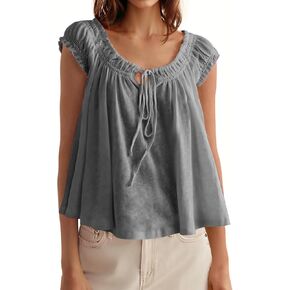 Tankaneo Women Summer Tie Front Tank Tops Cap Sleeve Pleated Babydoll Tops Casual Loose Fit Going Out Flowy Shirt