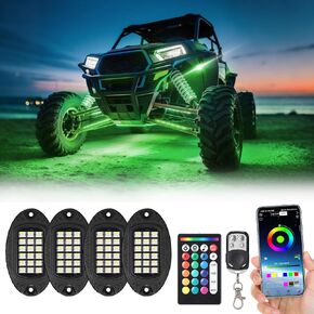 4Pods Metal RGBW LED Rock Lights Kit with APP/RF Remote Control, Upgraded Underglow Light Multicolor Neon Music Mode Aluminum Underbody Light 12V Waterproof for Trucks Jeep UTV ATV Golf Cart Offroad