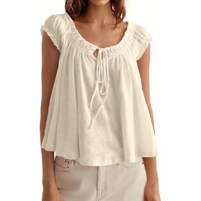 Tankaneo Women Summer Tie Front Tank Tops Cap Sleeve Pleated Babydoll Tops Casual Loose Fit Going Out Flowy Shirt in Kuwait