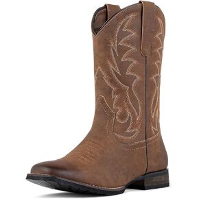 J's.o.l.e Cowboy Boots for Men Western Boots Wide Square Toe Men's Cowboy Boots Classic Embroidered with Pull On Slip Resistant Boots Brown
