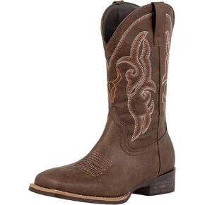 J's.o.l.e Western Cowboy Boots for Men Square Toe Embroidered Slip On Wide Calf Country Work Riding Boot Brown