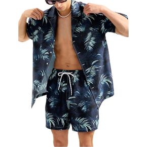 Men's 2 Piece Vacation Outfits Plants Graphic Button Up Shirt and Drawstring Beach Shorts