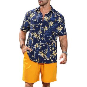 Men's Big and Tall 2 Piece Beach Vacation Outfits Tropical Button Up Hawaiian Shirts and Drawstring Beach Shorts