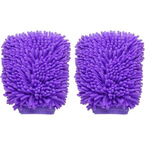 HARFINGTON 2pcs Chenille Microfiber Car Wash Mitts 10" x 7.5" Scratch Free Wash Gloves Absorbent Double Sided Plush Cleaning Drying Mitts for Car Washing Home Clean Purple