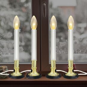 4PK Electric Window Candle, Nickel Plated Alloy Base, with 6LED Warm White Bulbs (2 Spare), Dusk to Dawn Sensor to Turn Candle On in Darkness and Off in Brightness, 5ft White Plug Cord