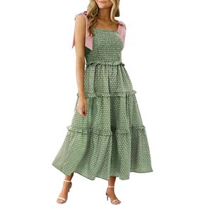 Wenrine Womens Summer Floral Maxi Dress Smocked Tie -Counter Boho Slicfeless Tier Dressed Dresses Dust Dressed