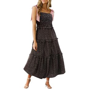 Wenrine Womens Summer Floral Maxi Dress Smocked Tie Shoulder Boho Sleeveless Ruffle Tiered Casual Beach Dresses in Kuwait