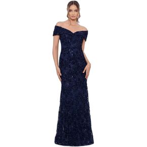 Xscape Women's Sequin Off-The-Shoulder Floral Lace Overlay Formal Gown