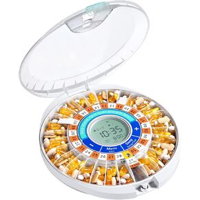 Daviky Automatic Pill Dispenser for Elderly with Alarm, 28-Day Electronic Locked Pill Box, Sound & Light Reminders for Medication, Vitamins, and Supplements（Orange）