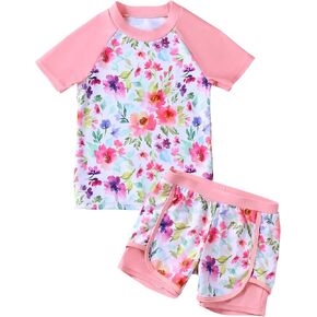 Girls Rash Guard Swimsuit Set 2 Piece Short Sleeve Bathing Suit Beach Swimwear UPF 50+ Sun Proction 3-12 Years