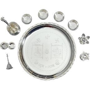 NOBILITY Pooja Thali Set Silver Plated Puja Thali 12 Inch for Diwali Decoration Gift Items Festival Ethnic Puja Thali for Temple Office Home Wedding Return Gifts