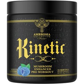 Ambrosia Kinetic Organic Preworkout, Mushroom Enhanced Natural Pre Workout Supplement, Nootropic Superfood Powder for Energy (Strawberry Guava)