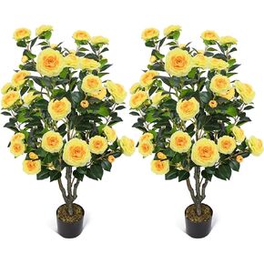 2 Pack 42in/3.5ft Artificial Camellia Trees Flowers Tree for Outdoors Fake Trees with 36 Red Flowers Faux Tree Faux Floral Plants UV Resistant Housewarming Gift for Indoor Home Front Porch