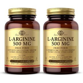 SOLGAR L-Arginine 500 mg - 100 Vegetable Capsules, Pack of 2 - Nitric Oxide Stimulator - Non-GMO, Vegan, Gluten Free, Dairy Free, Kosher - 200 Total Servings