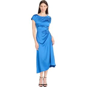 Maggy London Women's Ruched Side Midi Asymmetric Hem-Cap Sleeve V-Back-Formal Evening Dress