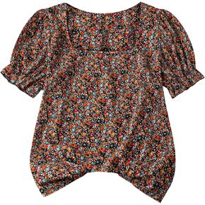 Women's Plus Size Boho Floral Print Shirt Square Neck Ruffle Puff Short Sleeve Casual Summer Blouses