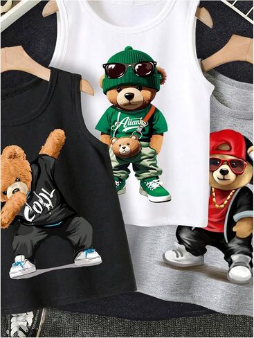 GORGLITTER Boy's 3 Pieces Clothing Sets Graphic Bear Print Tank Tops Crew Neck T Shirt Streetwear Cute Summer Outfits in Saudi Arabia