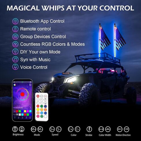 2PCS 4FT RGB LED Whip Light with Spring Base Remote App Control w/DIY Chasing Patterns Turn Signal & Brake Lights for ATV, UTV, Polaris, RZR, Can-am in Kuwait