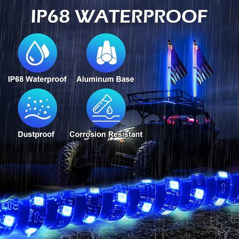 2PCS 4FT RGB LED Whip Light with Spring Base Remote App Control w/DIY Chasing Patterns Turn Signal & Brake Lights for ATV, UTV, Polaris, RZR, Can-am in Kuwait
