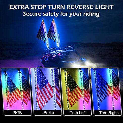 2PCS 4FT RGB LED Whip Light with Spring Base Remote App Control w/DIY Chasing Patterns Turn Signal & Brake Lights for ATV, UTV, Polaris, RZR, Can-am in Kuwait