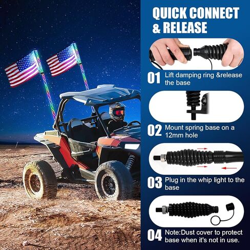 2PCS 4FT RGB LED Whip Light with Spring Base Remote App Control w/DIY Chasing Patterns Turn Signal & Brake Lights for ATV, UTV, Polaris, RZR, Can-am in Kuwait
