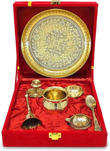 Brass Pooja Thali Set with Red Gift Box 6 Inch Pital Plate Kalash Spoon Chandan Wati Dhup Dan Kuber Diya Ghanti Puja Arti Thali for Diwali Home Office Mandir Wedding Return Gifts in Saudi Arabia