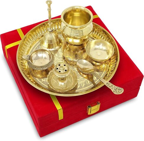 Brass Pooja Thali Set with Red Gift Box 6 Inch Pital Plate Kalash Spoon Chandan Wati Dhup Dan Kuber Diya Ghanti Puja Arti Thali for Diwali Home Office Mandir Wedding Return Gifts in Saudi Arabia
