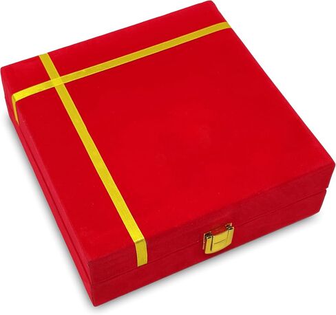 Brass Pooja Thali Set with Red Gift Box 6 Inch Pital Plate Kalash Spoon Chandan Wati Dhup Dan Kuber Diya Ghanti Puja Arti Thali for Diwali Home Office Mandir Wedding Return Gifts in Saudi Arabia