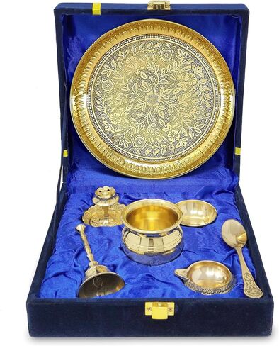 Brass Pooja Thali Set with Red Gift Box 6 Inch Pital Plate Kalash Spoon Chandan Wati Dhup Dan Kuber Diya Ghanti Puja Arti Thali for Diwali Home Office Mandir Wedding Return Gifts in Saudi Arabia