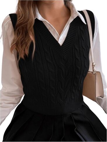 Milumia Women's Cable Knit V Neck Sweater Vest Sleeveless Ribbed Crop Tank Top in Kuwait