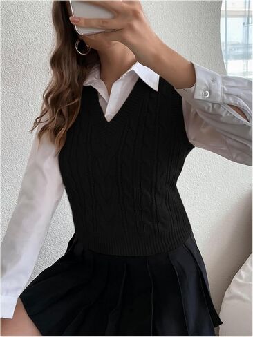 Milumia Women's Cable Knit V Neck Sweater Vest Sleeveless Ribbed Crop Tank Top in Kuwait