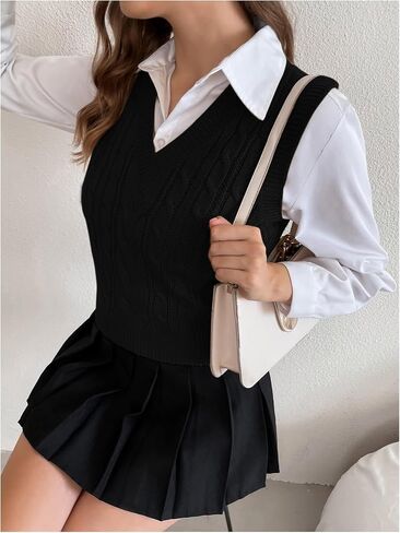 Milumia Women's Cable Knit V Neck Sweater Vest Sleeveless Ribbed Crop Tank Top in Kuwait