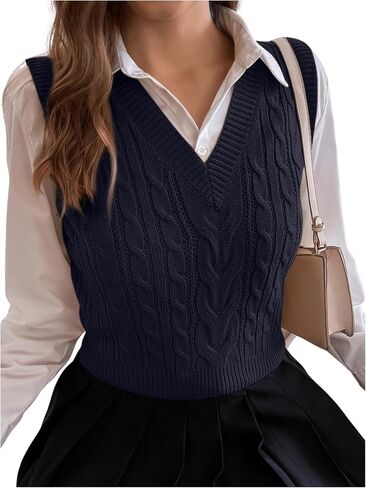 Milumia Women's Cable Knit V Neck Sweater Vest Sleeveless Ribbed Crop Tank Top in Kuwait