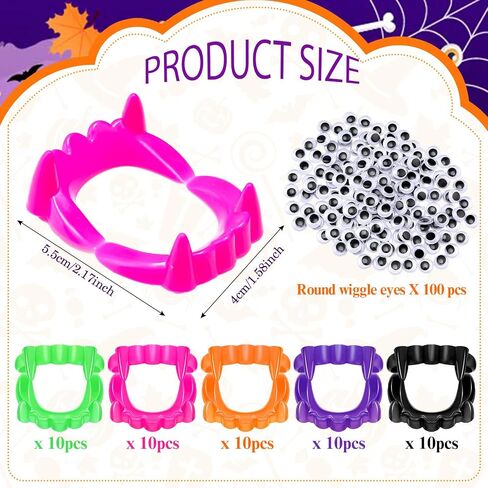 Hungdao 150 Pcs Halloween Plastic Vampire Teeth Vampire Fangs Including 100 Pcs Plastic Eye and 50 Dentures Fake Werewolf Teeth for DIY Dessert Donut Decoration Masquerade Party(Glow in The Dark) in Saudi Arabia