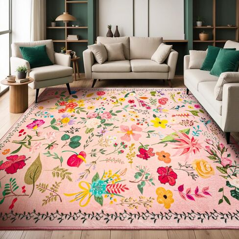 Area Rug 9x12, Washable Large Rugs for Living Room, Non Slip 0.27" Low Pile Vintage Floral Large Carpet for Bedroom, Dining Room, Kids Playroom (Pink) in Saudi Arabia