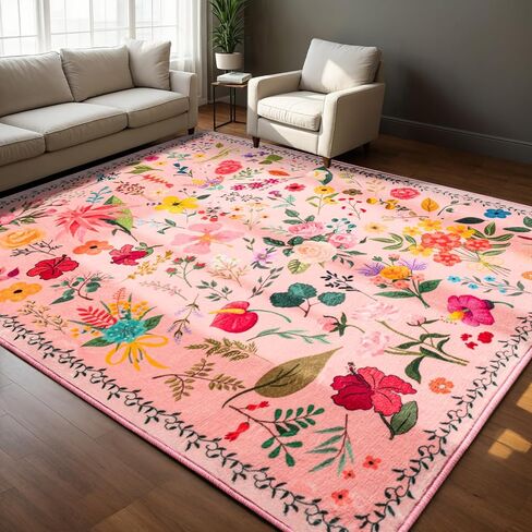 Area Rug 9x12, Washable Large Rugs for Living Room, Non Slip 0.27" Low Pile Vintage Floral Large Carpet for Bedroom, Dining Room, Kids Playroom (Pink) in Saudi Arabia
