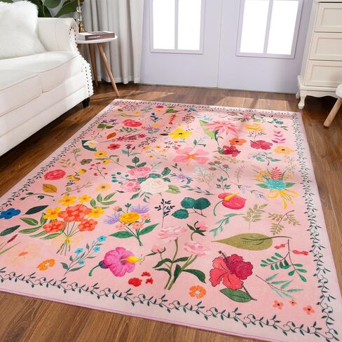Area Rug 9x12, Washable Large Rugs for Living Room, Non Slip 0.27" Low Pile Vintage Floral Large Carpet for Bedroom, Dining Room, Kids Playroom (Pink) in Saudi Arabia