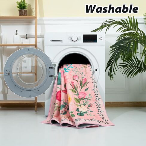 Area Rug 9x12, Washable Large Rugs for Living Room, Non Slip 0.27" Low Pile Vintage Floral Large Carpet for Bedroom, Dining Room, Kids Playroom (Pink) in Saudi Arabia
