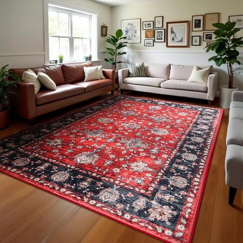 Area Rug 9x12, Washable Large Rugs for Living Room, Non Slip 0.27" Low Pile Vintage Floral Large Carpet for Bedroom, Dining Room, Kids Playroom (Pink) in Saudi Arabia
