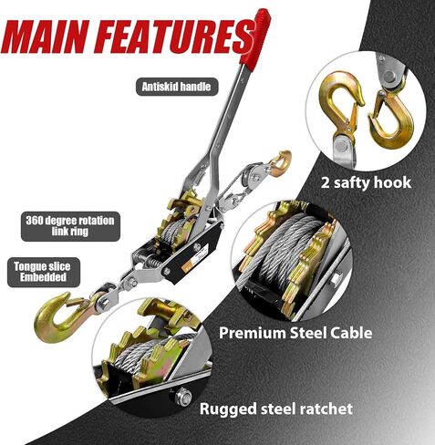 2T 10FT Come Along Winch Heavy Duty, 2 Gears Come Along Pulling Tool, Cable Winch Puller 2 Hooks, Come Along Power Puller Ratchet Tool, Manual Winch Ratchet Tool for Towing Lifting in Kuwait