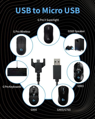 USB Charging Cable (6 feet) for Logitech G403 G703 G900 G903 G Pro Wireless G Pro X Superlight Gaming Mouse, G560 Speaker, G Pro Kayboards, USB to Micro USB (Black) in Saudi Arabia